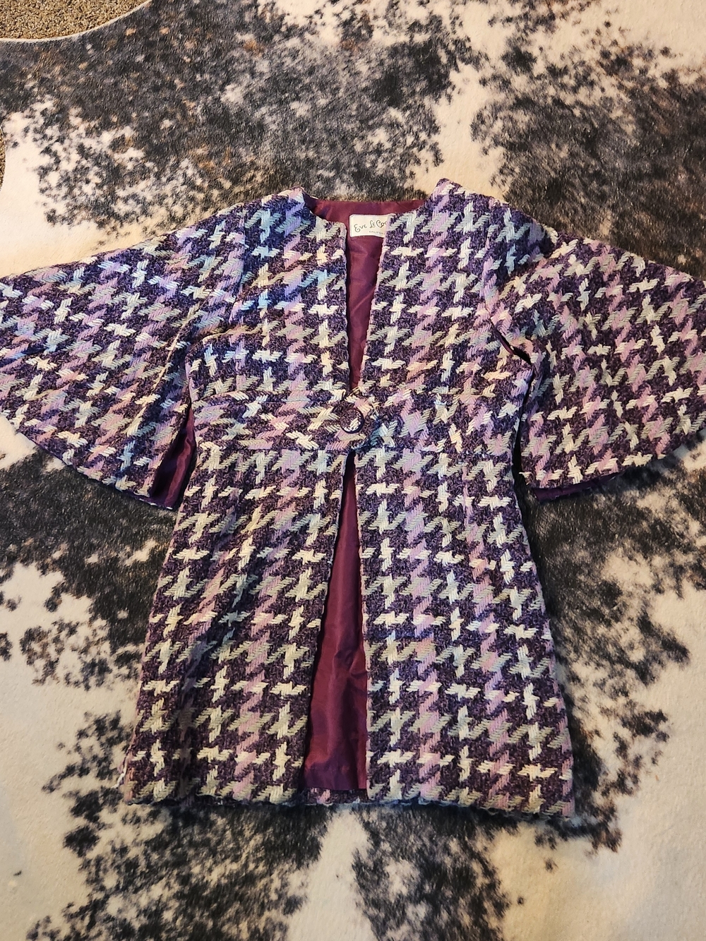 Eve Le Coq California Womens Purple Houndstooth Tweed Coat with Button Closure